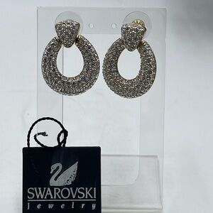Vintage Signed SAL Swan Swarovski Crystals Gold Tone Door Knocker Dangle Earring
